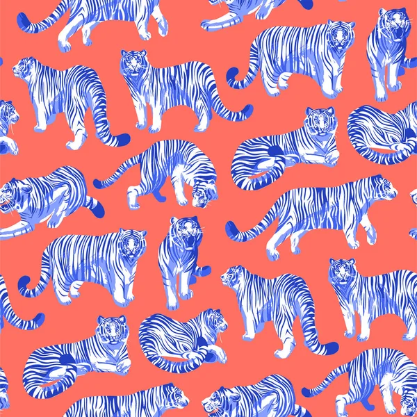 Grafische naadloze patroon van tijgers in verschillende poses. — Stockvector