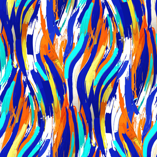 Graphic seamless pattern of bright brush strokes in the shape of abstract tiger skin.