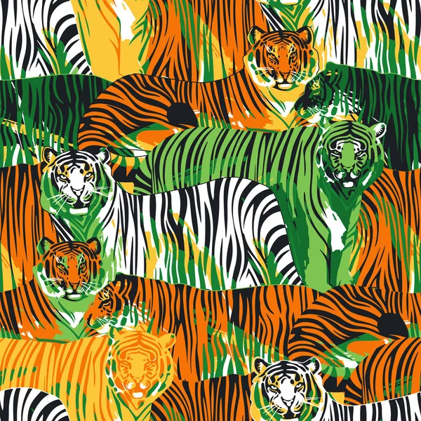 Graphic seamless pattern of standing and walking tigers. — Stock Vector