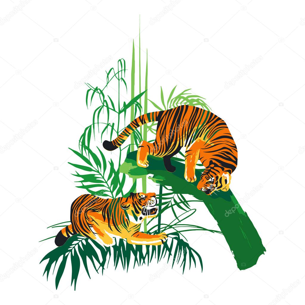 Graphic design with two aggressive fighting tigers surrounded by exotic plants.
