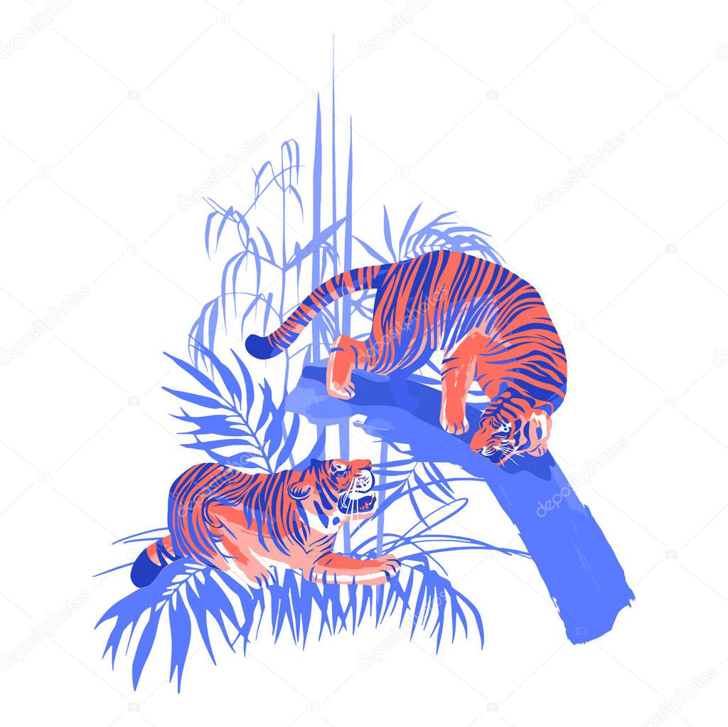 Graphic design with two aggressive fighting tigers surrounded by exotic plants.