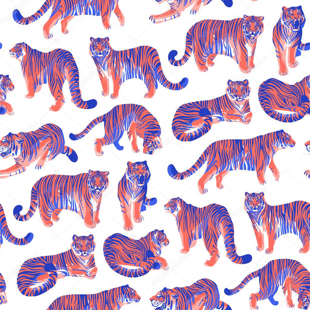 Graphic seamless pattern of tigers in different poses.