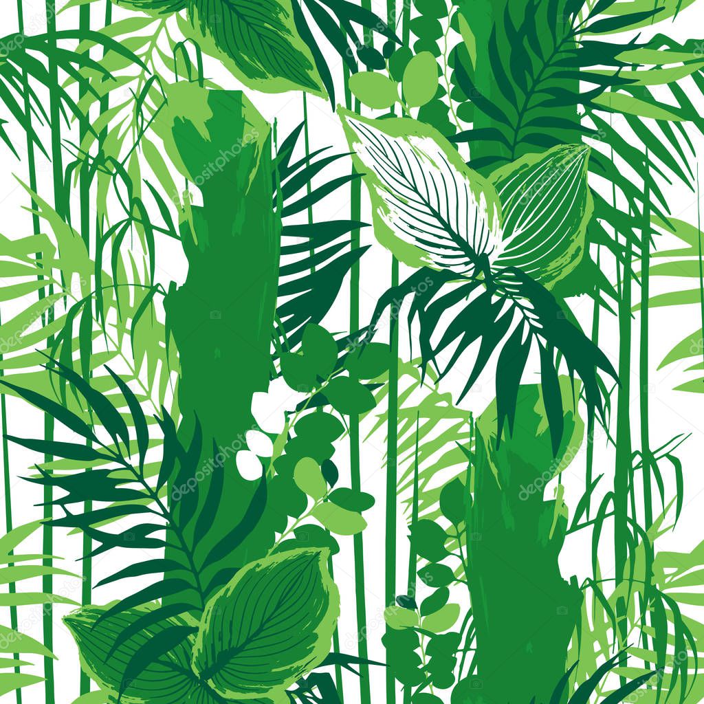 Graphic seamless pattern of exotic leaves and trees