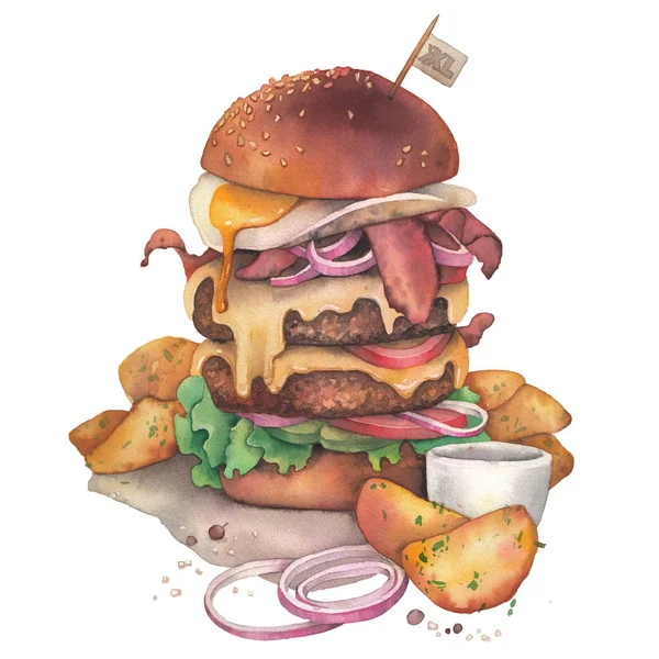 Riesiger Aquarell-Burger mit Idaho-Kartoffeln als Garnitur — Stockfoto