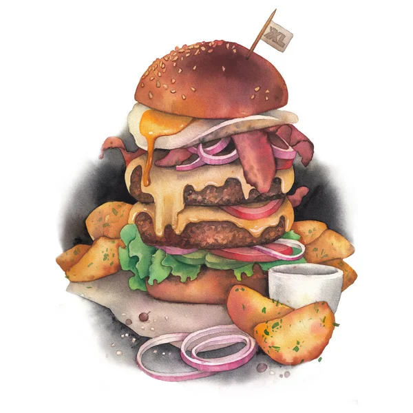Velký akvarel burger s idaho brambory jako ozdoba — Stock fotografie