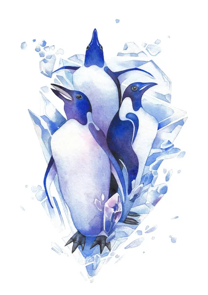 Three watercolor penguins surrounded by cracking ice blocks. — Stock Photo, Image