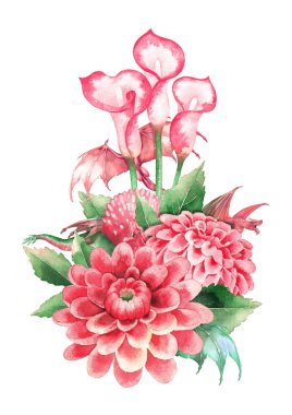 Dalias ve calla zambak çiçekler bahçesinde gizli minik suluboya ejderhalar.