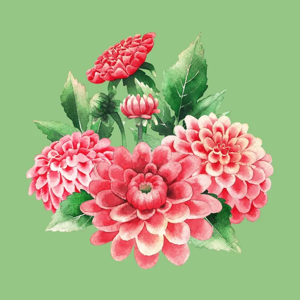 Акварельний букет з квітів і листя жоржини — стокове фото