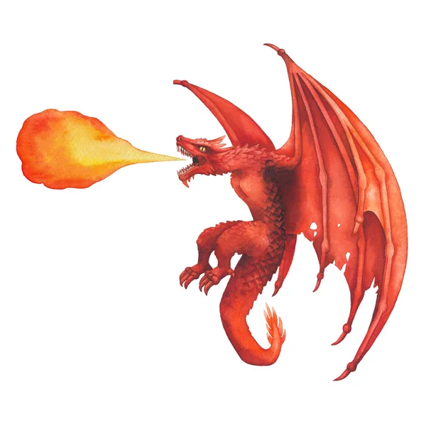 Flying aquarel draak in rode kleuren ademt de vlam van het vuur. — Stockfoto