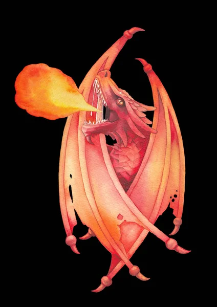 Drak akvarel se založenýma křídly vydechuje plamen ohně — Stock fotografie