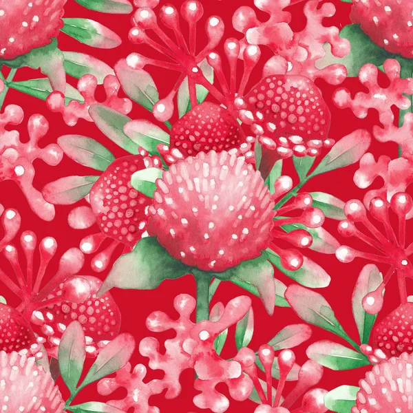 Aquarell nahtloses Muster aus roten Blüten und Blättern. — Stockfoto
