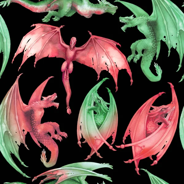 Watercolor collection of dragons in different poses in green and red colors. — Stok fotoğraf