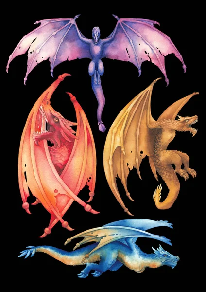 Vodní barevná sbírka draků v různých póze. — Stock fotografie