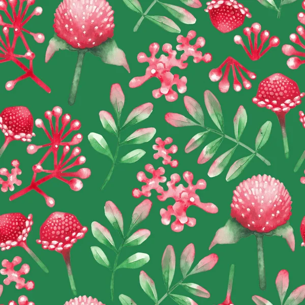 Watercolor seamless pattern of red flowers and leaves. — Φωτογραφία Αρχείου