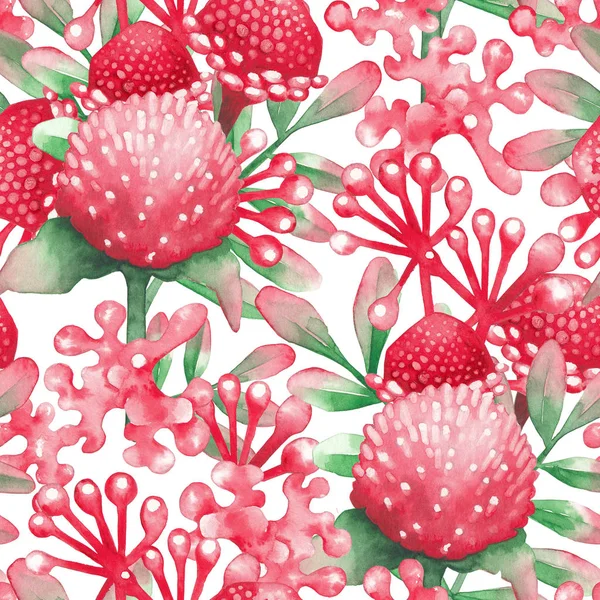 Watercolor seamless pattern of red flowers and leaves. — Φωτογραφία Αρχείου