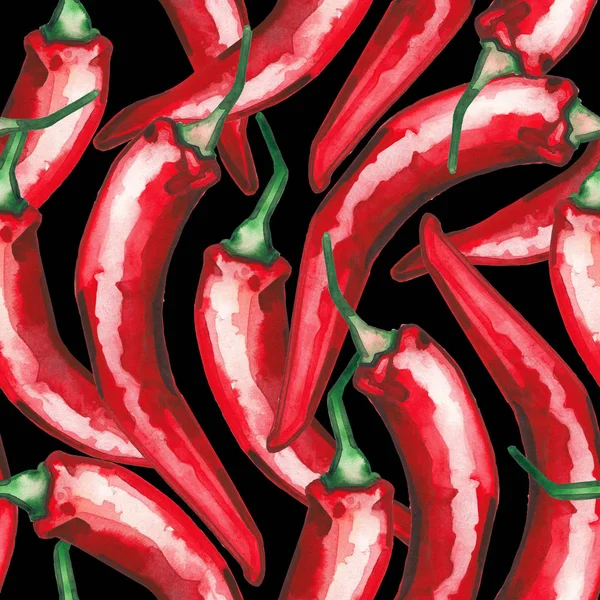 Akvarel bezproblémové vzory červených chilli papriček — Stock fotografie