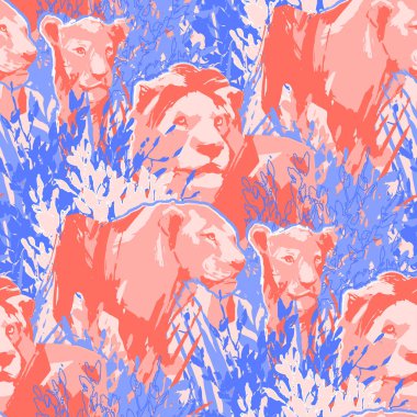 Çim ve çalılar arasında aslan gurur dikişsiz desen