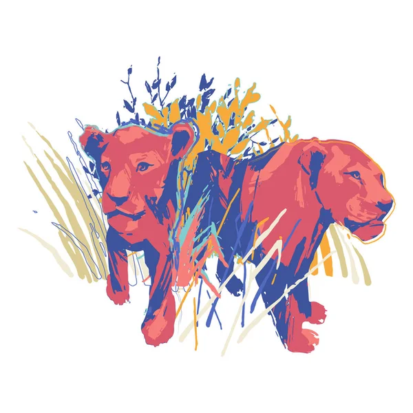 草と茂みの間に立つ2匹のグラフィック女性ライオン — ストックベクタ