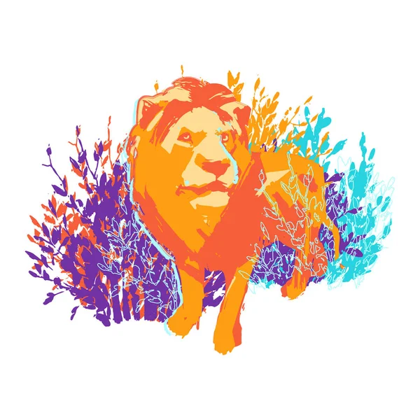 Ένα αφηρημένο αρσενικό λιοντάρι στέκεται ανάμεσα στους θάμνους. — Διανυσματικό Αρχείο