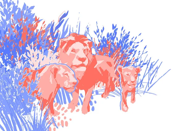 Famille de trois lions parmi l'herbe et les buissons — Image vectorielle