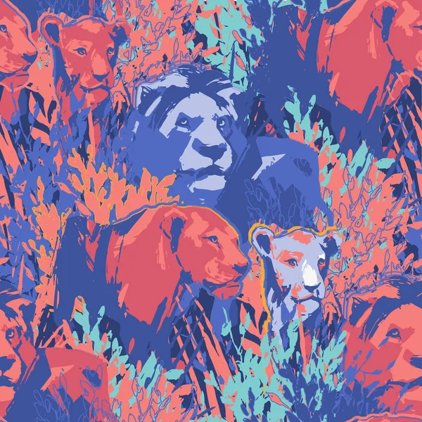 Modèle sans couture de la fierté du lion parmi l'herbe et les buissons — Image vectorielle