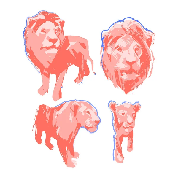 Αφηρημένη γραφική συλλογή από τέσσερα απομονωμένα λιοντάρια — Διανυσματικό Αρχείο