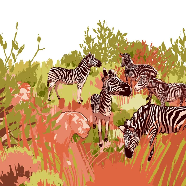 Escena de caza de leones en cebras rodeadas de paisaje de estepa — Vector de stock