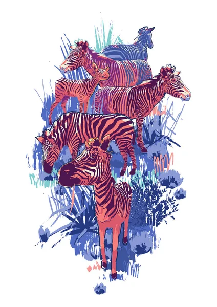 O rebanho de zebras semeando na paisagem estepe —  Vetores de Stock