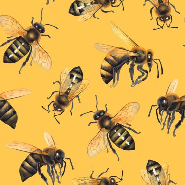 Gerçekçi çizilmiş bal arılarının suluboya dikişsiz deseni