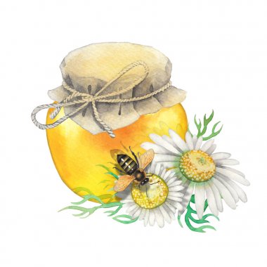 Papatya çiçekleri ile süslenmiş suluboya bal şişesi