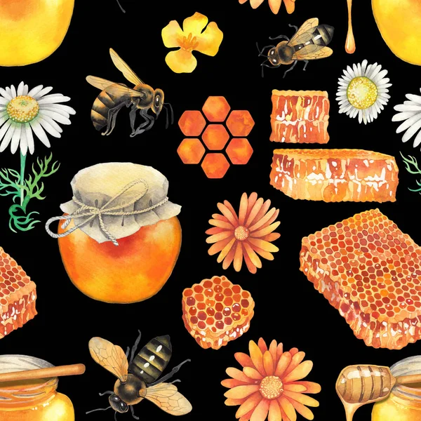 Watercolor pattern of honey bottles, honeycombs, bees and flowers.