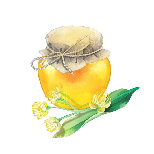 Watercolor honey bottle decorated with linden flowers — Stock Photo, Image