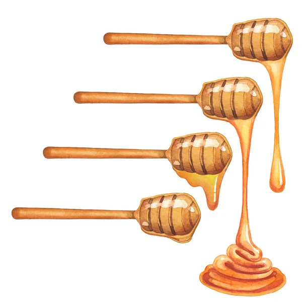 Set of isolated watercolor dippers with flowing honey. — Stock Photo, Image