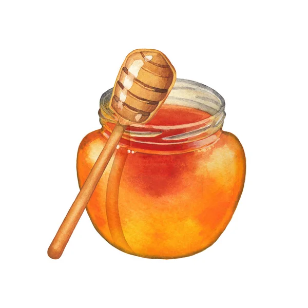 하얀 배경에 고립 된 디퍼 꿀의 수채화 병 — 스톡 사진