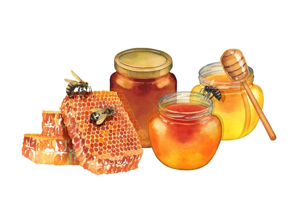 Watercolor honey bottles , decorated with honeycombs, dipper and bees
