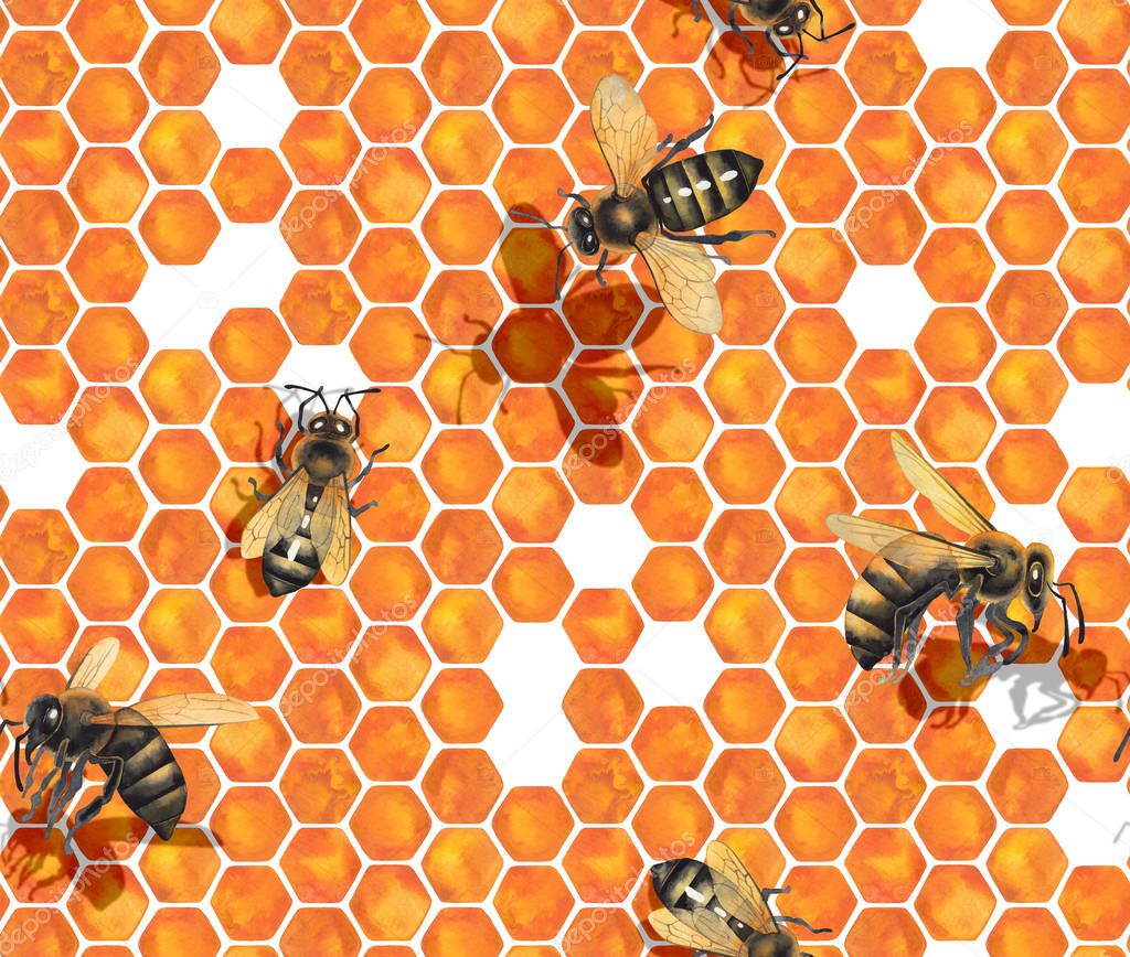 Watercolor seamless pattern of bees crawling on honeycomb