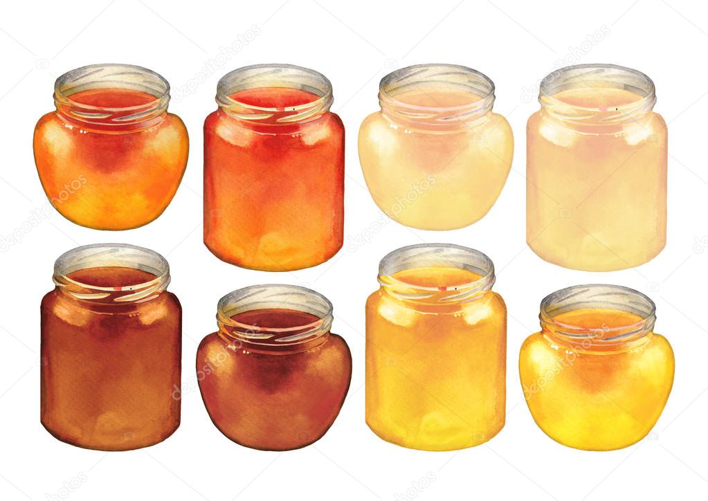 Watercolor collection of bottles with different varieties of honey