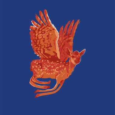 Mavi arka planda uçan kanatlı yavru geyik