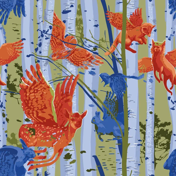 Seamless pattern of winged forest animals flying among birch trunks. — Stock Illustration Seamless pattern of winged forest animals flying among birch trunks. Royalty Free Stock Vectors