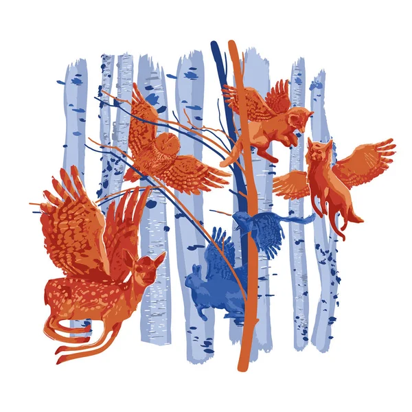 Winged forest animals flying mong birch trunks. — Stock Illustration Winged forest animals flying mong birch trunks. Stock Vector