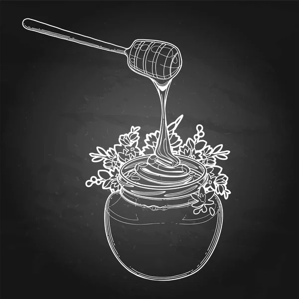 메밀 꽃으로 장식 된 그래픽 꿀 병 — 스톡 벡터
