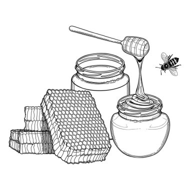 Grafik bal şişeleri, petek, dipper ve arılar ile dekore