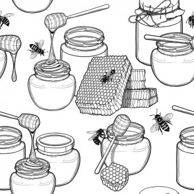 Petek ve arılarla çevrili balın grafik deseni