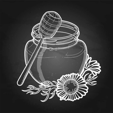 Papatya çiçekleri ile süslenmiş grafik bal şişesi