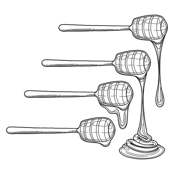 Set van geïsoleerde aquarel dippers met vloeiende honing. — Stockvector