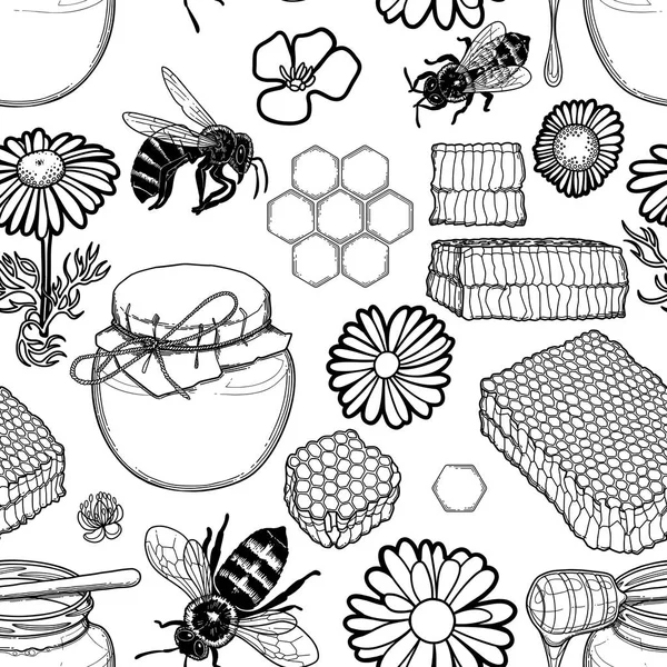 Grafisch patroon van honing flessen, Honeycombs, bijen en bloemen. — Stockvector