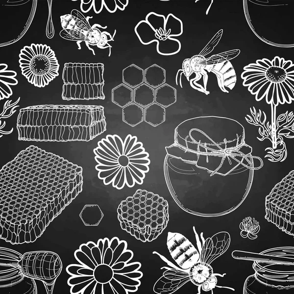 Modello grafico di bottiglie di miele, favi, api e fiori . — Vettoriale Stock