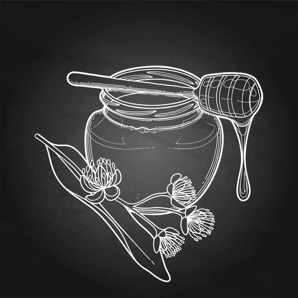 Grafisk honung flaska dekorerad med lind blommor — Stock vektor