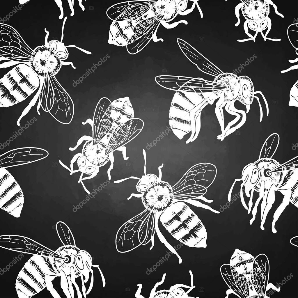 Graphic seamless pattern of realistic drawn honey bees
