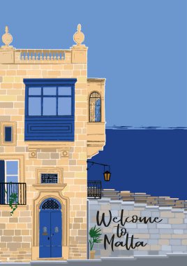 Geleneksel Malta Valletta evi kumlu taştan yapılmış ve arka planda deniz var..